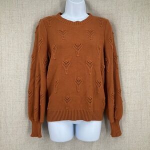 LOFT Sweater Women Small Orange Cotton Wool Blend Puff Sleeve Pointelle Boho NEW